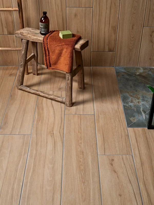 light brown wood effect wall and floor tiles