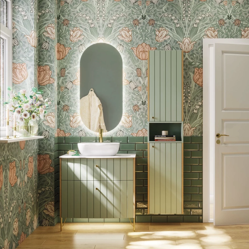 floral design wall paper with light green bathroom suite